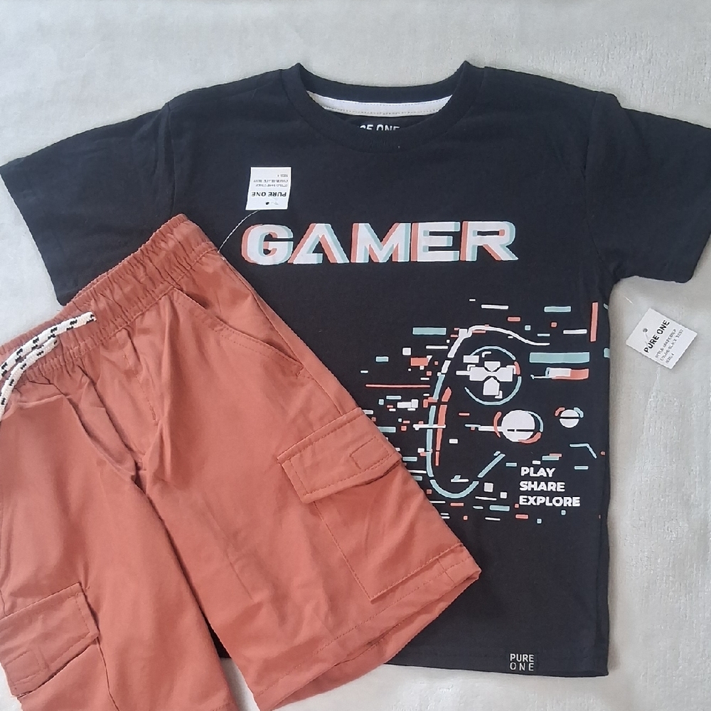 NWT Pure One Boys Shirt & Shorts Set Black Brown Gamer Theme Size 4